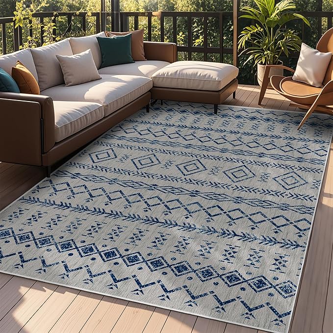 Outdoor Rug Multi Colored Rug Tropical, Botanical Bohemian Modern Floral Rug Textured Carpet Easy-Cleaning Deck, Backyard, Patio Porch Non Shedding (Grey, 8x10 Feet)