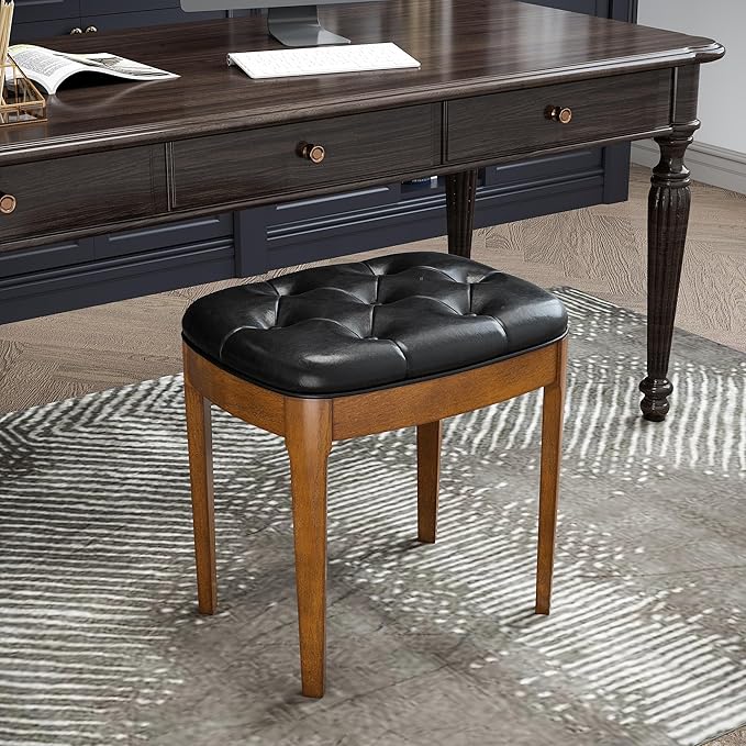 Solid Wood Button Tufted Vanity Stool, Ottoman Stool with Wood Legs & Padded Seat PU Leather Upholstered Piano Bench with Non-Slip Foot Pads Accent Stool for Bedroom Entryway, Black