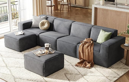 LINSY HOME Modular Sectional Sofa, 134" Boneless Couch U Shaped 4-Seat Sofa with 2 Movable Ottomans, Corduroy Sectional Cloud Couches for Living Room, No Assembly Required, Bluish Grey