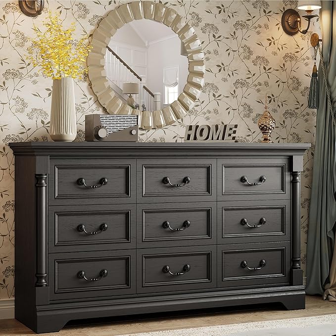 LIKIMIO Farmhouse Dresser for Bedroom with 9 Drawers, 58" Wide Wood Chest of Drawers with Roman Column, Dresser TV Stand for 65", Closet Storage Dressers Organizer for Bedroom, Living Room, Hallway