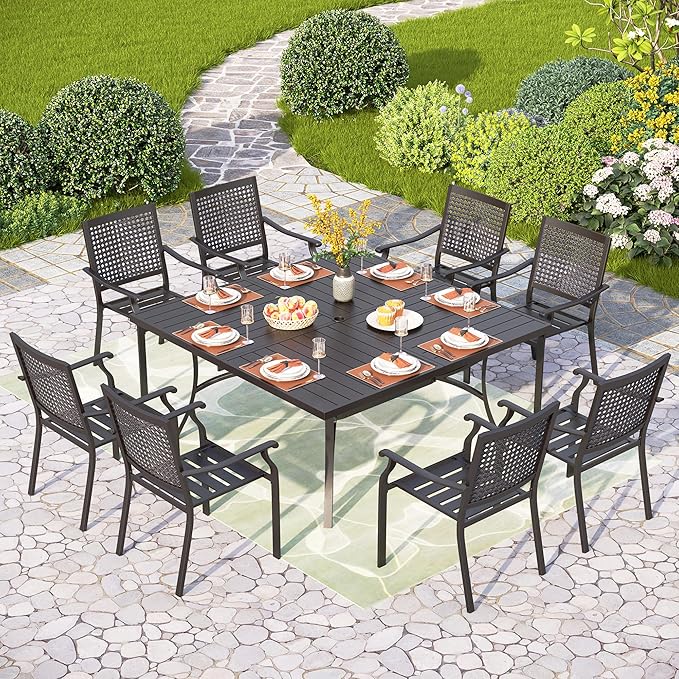 PHI VILLA 9 Pieces Patio Dining Table Set for 8, 60” Square Metal Wrought Iron Dining Table & Stackable Dining Chairs, Large Dining Furniture Set for Outdoor Deck, Yard, Porch