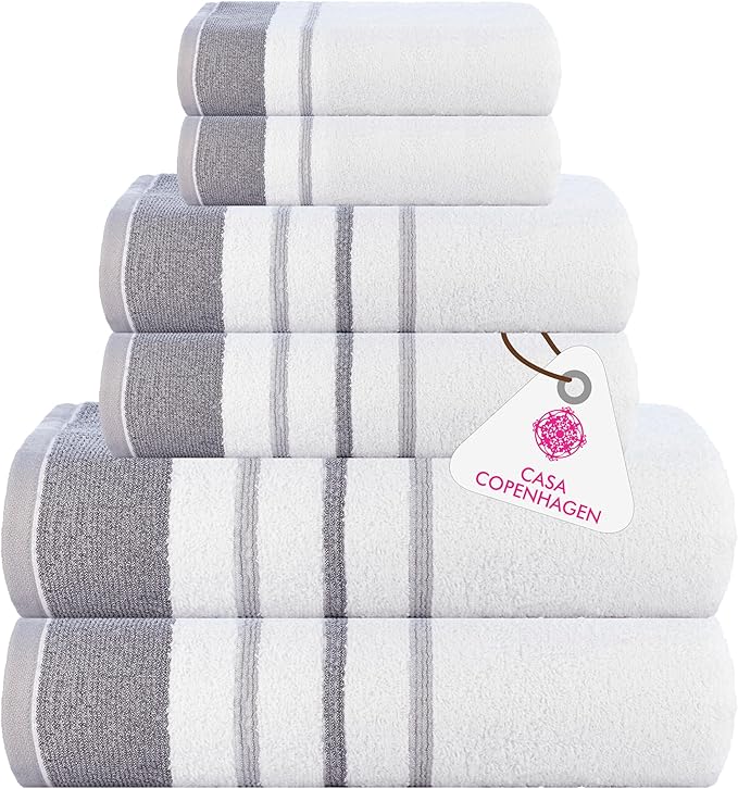 CASA COPENHAGEN White Bay, 6 Pieces Towel Set- White with Dark Grey and Light Grey Border, 600 GSM, 2Bath, 2Hand, 2Washcloths Egyptian Cotton Towel for Hotel Spa Kitchen Bathroom Kitchen & Shower