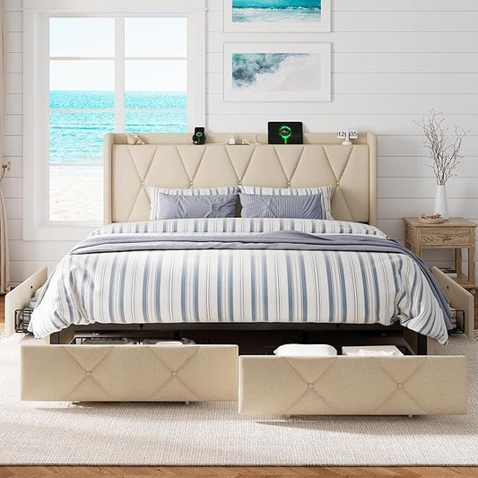 King Size Bed Frame with 4 Storage Drawers, Upholstered Platform Bed with Charging Station, Modern Wingback Storage Headboard, Easy Assembly,Noise-Free, Beige