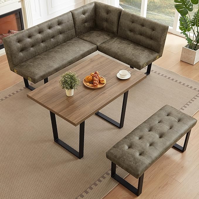 3-Piece Corner Dining Table Set with Bench, 70 Inch Space-Saving Breakfast Nook for Kitchen & Dining Room(Walnut Table & Brown Bench)