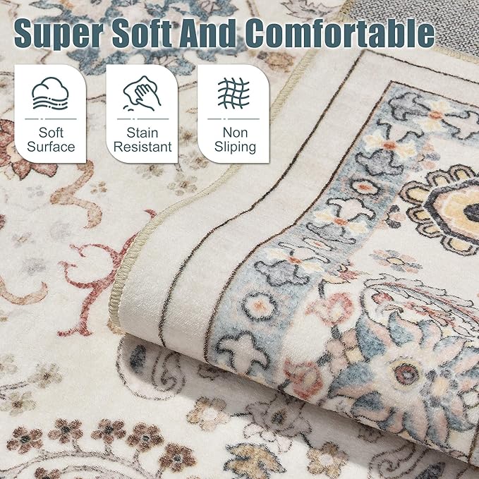 Area Rugs for Living Room: 9x12 Washable Rug Vintage Boho Floral Print - Ultra Thin Stain Resistant Large Soft Non Slip Foldable Carpets for Bedroom Dining Room Office Nursery - Multi