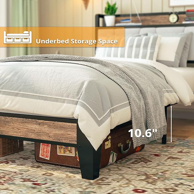 LIKIMIO Twin Bed Frames, Storage Headboard with Charging Station, Solid and Stable, Noise Free, No Box Spring Needed, Easy Assembly (Walnut and Beige)