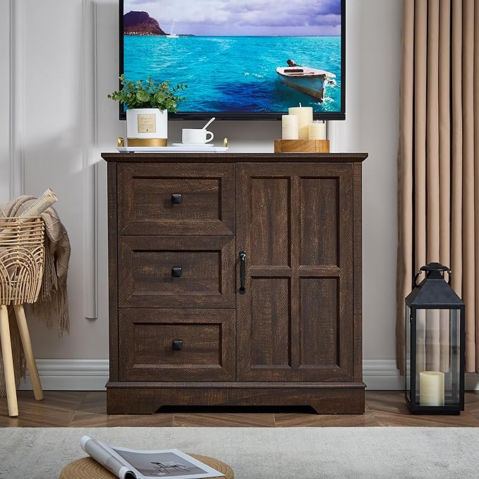 3+1 Dresser for Bedroom, Cherry Dressers Storage with Wooden Drawers and Cross Door, TV Stand Chest of Drawers for Bedroom, Living Room