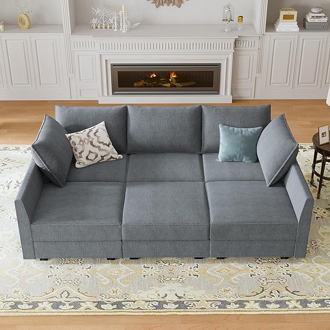 HONBAY Modular Sectional Sleeper Sofa with Storage U-Shape Modular Sectional Sofa with Ottomans Sleeper Sectional Couch for Living Room, Bluish Grey