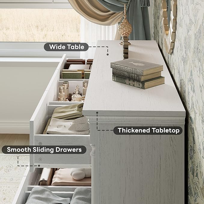 LIKIMIO Farmhouse Dresser for Bedroom with 9 Drawers, 58" Wide Wood Chest of Drawers with Roman Column, Dresser TV Stand for 65", Closet Storage Dressers Organizer for Bedroom, Living Room, Hallway