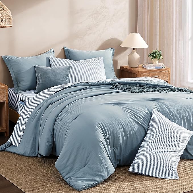 Monbix King Size Comforter Set - 7 Pieces Dusty Blue Prewashed Bed in a Bag King Bedding Sets with Comforters, All Seasons Down Alternative Comforter Bed Set with Sheets,Pillowcases & Shams