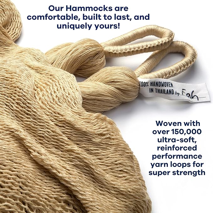 Handwoven Hammock by Yellow Leaf Hammocks - Double Size, Fits 1-2 PPL, 400lb max - Weathersafe, Super Strong, Easy to Hang, Ultra Soft, Artisan Made - Color: Natural Khaki