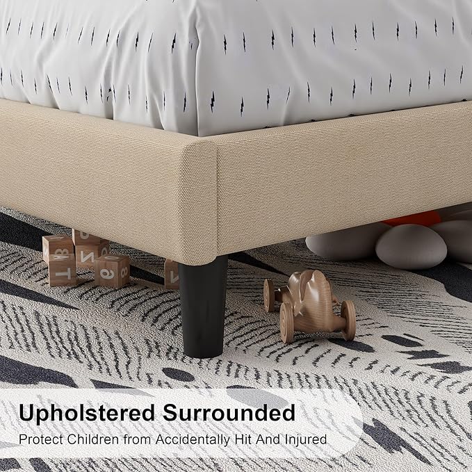 Feonase Twin Size Bed Frame with Charging Station, Upholstered Linen Platform Bed Frame with Wingback Headboard, Solid Wood Slats Support, No Box Spring Needed, Noise Free, Beige