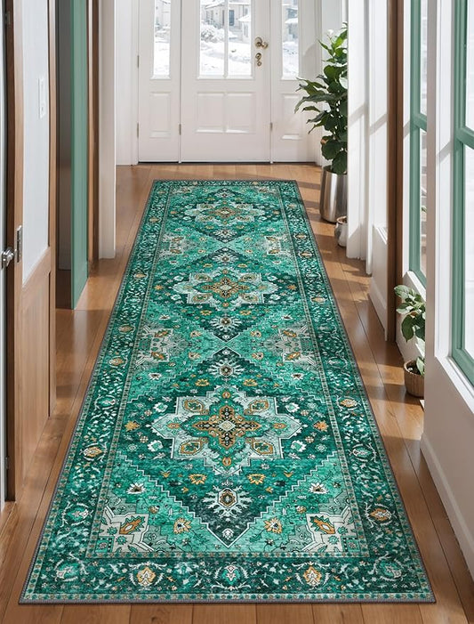 Tangsoo 2.6x8 Washable Runner Rug for Hallways, Non Slip Vintage, Soft Low Pile Long Rug Runner, Print Distressed Emerald Carpet Runners for Kitchen Bedroom Entryway Bathroom Living Room