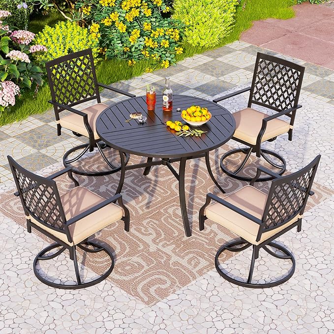 PHI VILLA 5 Pieces Outdoor Dining Set for 4, Round Metal Steel Table with Umbrella Hole & Swivel Wrought Iron Chairs with Cushions, Large Modern Furniture for Patio, Deck, Backyard, Porch