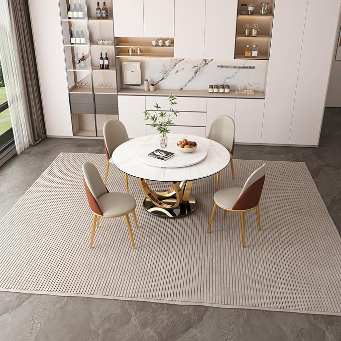 Dining Table Set with 6 Chairs, 53" Round Modern Marble Dining Table with Lazy Susan, Sintered Stone Top for Kitchen, Dining Room, Dinette