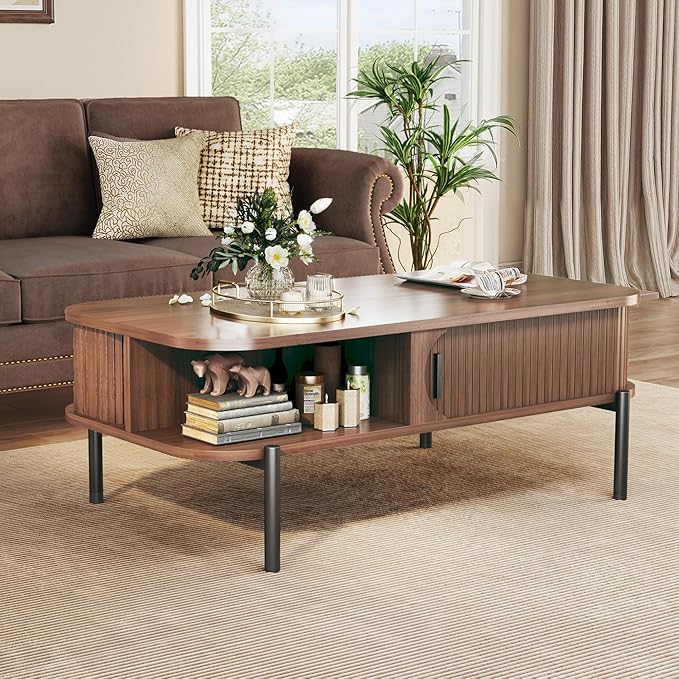 Coffee Table, 39.4" Fluted Coffee Table for Living Room, Mid Century Modern Table with Sliding Cabinet Door 2-Tier Rustic Wood Desktop with Storage Open Shelf, Walnut