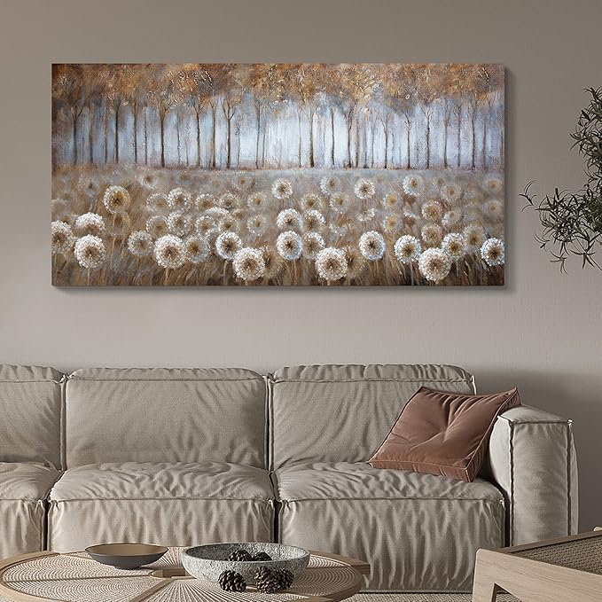 Large Living Room Wall Decor Brown Dandelion Canvas Wall Art Abstract Tree Forest Theme Picture Wall Decoration Modern Framed Prints Artwork Ready to Hang for Bedroom Home Wall Decor Size 29x58 inch