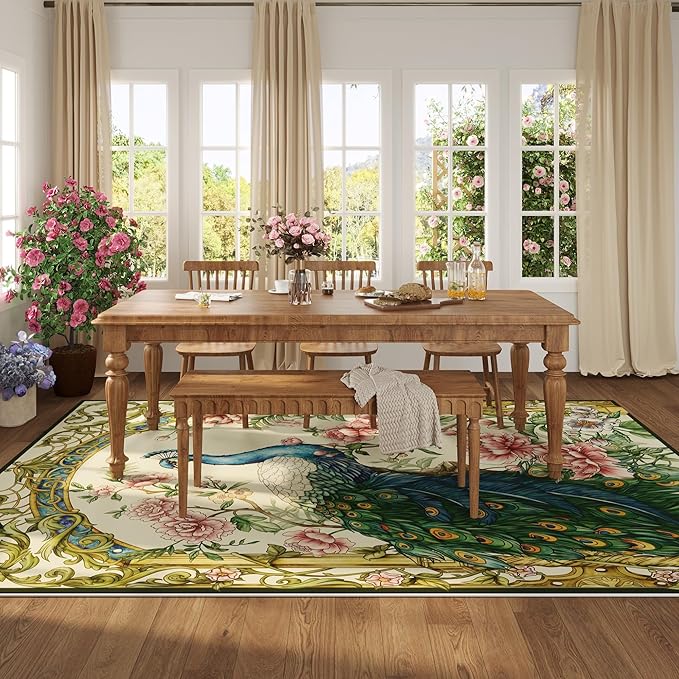 Area Rugs 8x10 Rug for Living Room Clearance Washable Floral Peacock Non Slip Vintage Low Pile Large Rug for Living Room, Bedroom, Farmhouse, Dining Room, Kids Playroom(Beige)