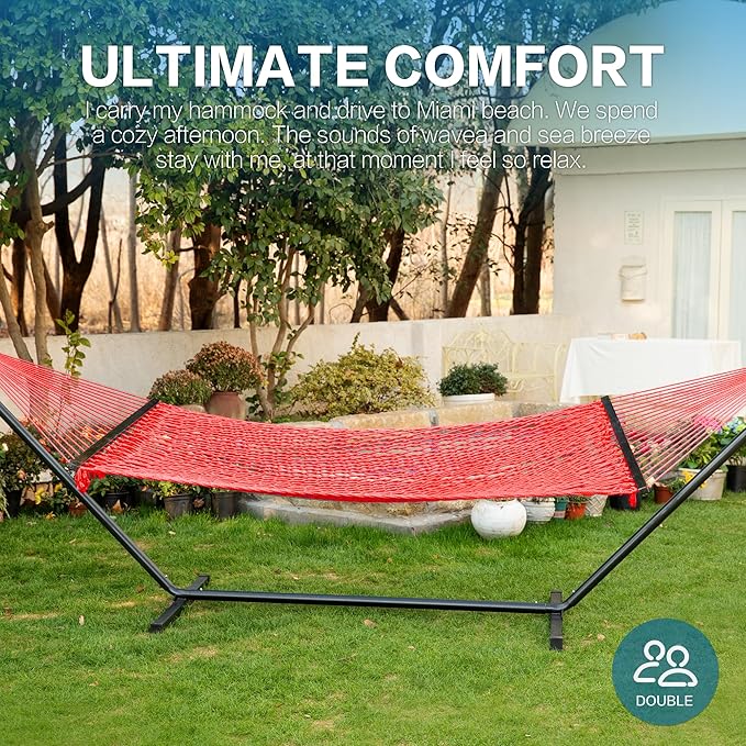 PNAEUT Double Hammock with Stand for Outside, Rope Hammocks with Hardwood Spreader Bar 2 Person, 12ft Heavy Duty Stand, Extra Pillow, Max 475 lbs Capacity (Wine)