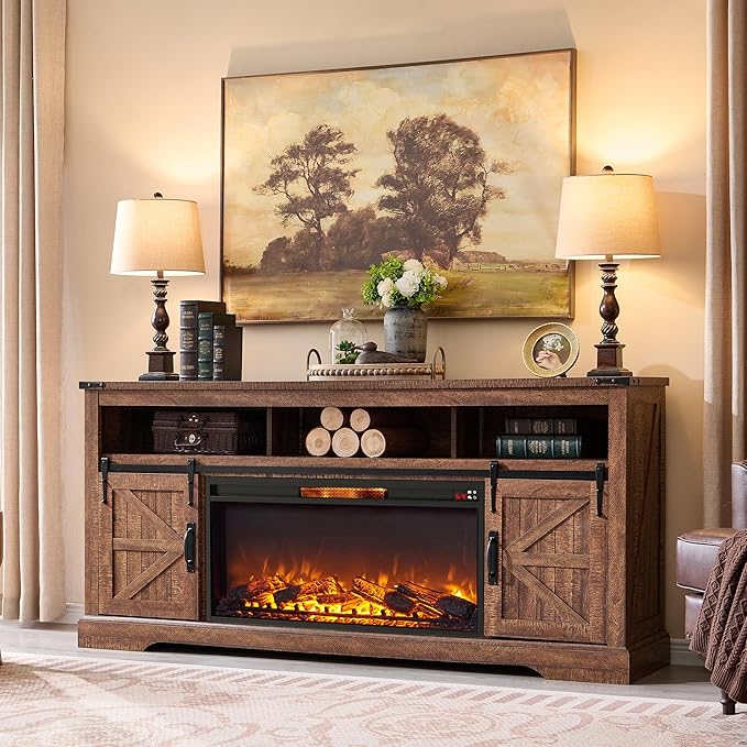OKD Fireplace TV Stand for 80 Inch TV, 33" Tall Highboy Farmhouse Entertainment Center w/ 36'' Electric Fireplace, Rustic Media Console w/Sliding Barn Door for Living Room, Reclaimed Barnwood