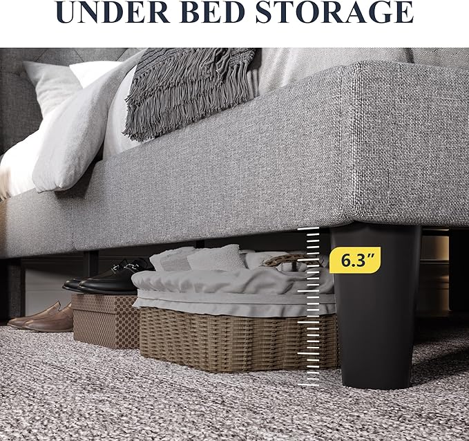 Allewie Queen Size Bed Frame with Button Tufted Wingback Headboard, Modern Upholstered Bed Frame with Solid Wooden Slats Support - No Box Spring Needed, Easy Assembly, Light Grey