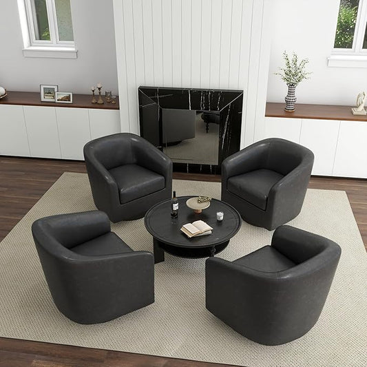 UIXE Faux Leather Swivel Accent Chair, Upholstered Barrel Chairs for Living Room, Small Club Chair Modern Single Sofa Bedroom Reading Seat - Black, Set of 4
