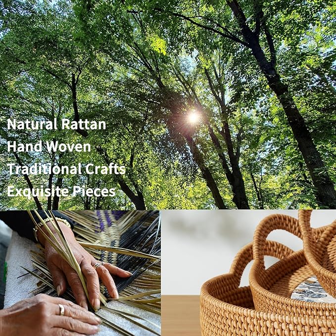 3 Pack Round Rattan Tray, Natural Handwoven Rattan Serving Tray with Mother Pearl Inlay Base, Decorative Boho Coffee Table Trays with Handles, Wicker Organizer for Snacks, Jewelry, Candles, Vanity