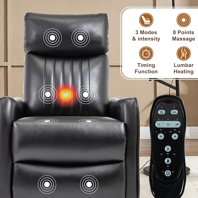 Manual Swivel Rocker Recliner Chair for Adults, Overstuffed Recliner Glider with Massage and Heat, Living Room Reclining Chair, PU Leather Black