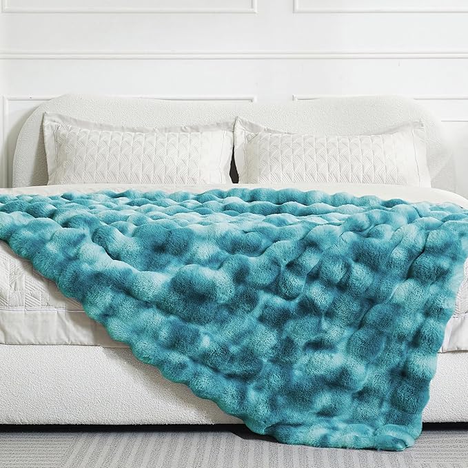 Ultra Plush Bubble Faux Rabbit Fur Blanket – 950GSM Thick Fluffy Throw Blanket for Bed, Couch, Sofa, or Gift, 60" × 80", Tie-dye Teal