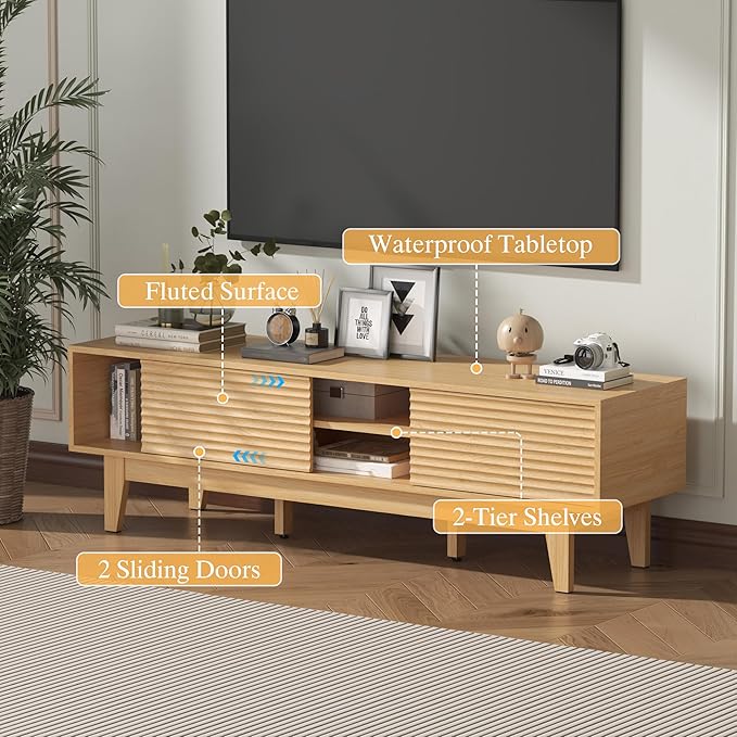 Wooden Fluted TV Stand for 55 65 70 inch TV, Long & Large TV Media Console Table with Storage Cabinets, Boho Farmhouse Entertainment Center for Living Room, Bedroom - Natural Wood