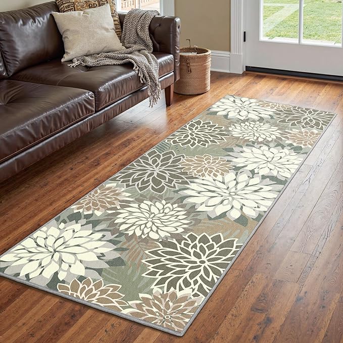 Area Rug 2x6 Brown White Washable Entry Rug Multicolored Tropical Botanical Modern Floral Indoor Kitchen Door Mat Entrance Carpet Non Slip for Bedroom Living Room, Porch