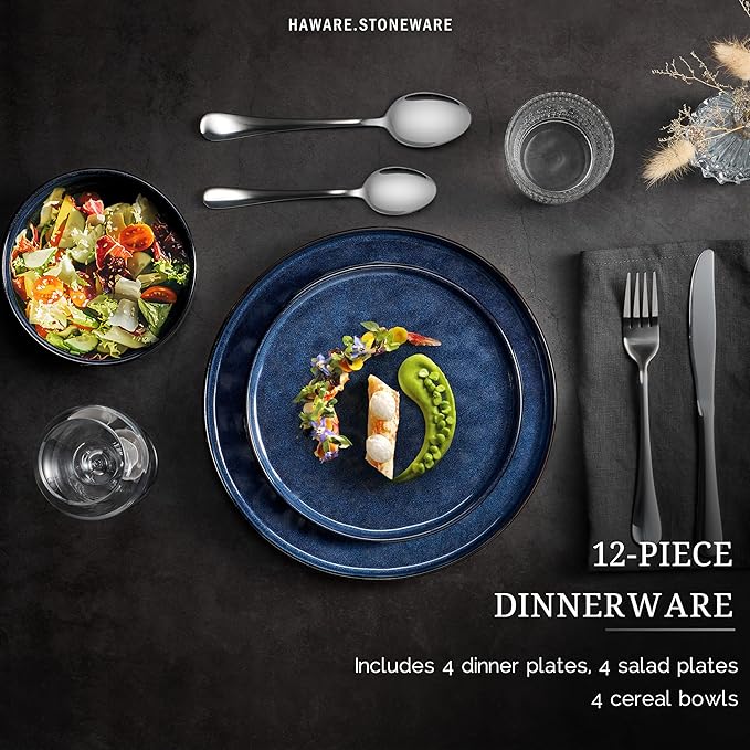 HaWare Dinnerware Sets, 12-Piece Plates and Bowls Set, Stoneware Dish Set for 4, Ceramic Dinnerware for Home Restaurant, Chip and Scratch Resistant, Microwave and Dishwasher Safe, Reactive Starry Blue