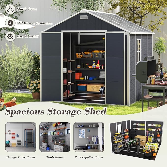 8x8 FT Outdoor Storage Resin Shed with Floor, Plastic Garden Tool Shed with Sloped Roof, Lockable Door & Windows, Easy to Assemble Bike Shed for Lawn, Backyard, Patio, Black