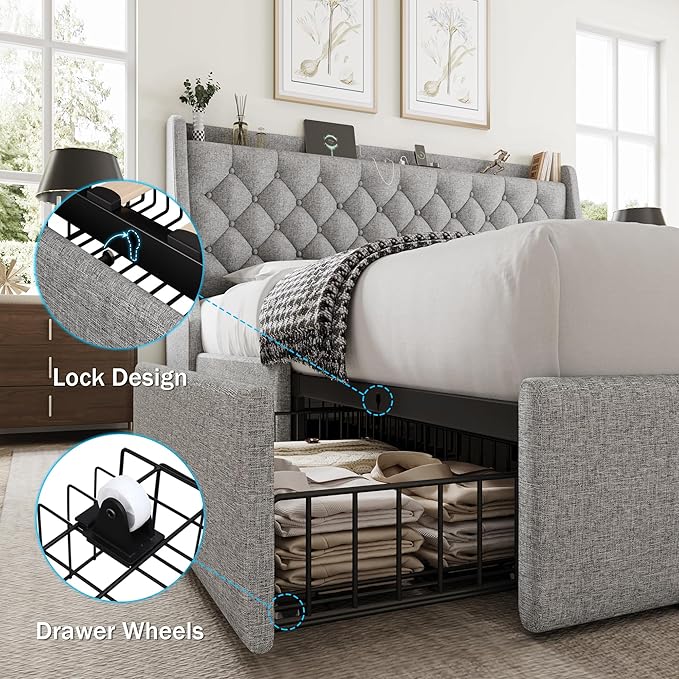 King Size Bed Frame with 4 Storage Drawers, Giant Upholstered Wingback Headboard, Fast Charging Station, No Box Spring Needed, Noise-Free, Light Gray
