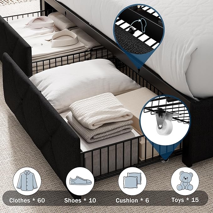 King Bed Frame with 4 Storage Drawers, Upholstered Platform Bed with Charging Station, Modern Wingback Storage Headboard, Easy Assembly,Noise-Free, Black