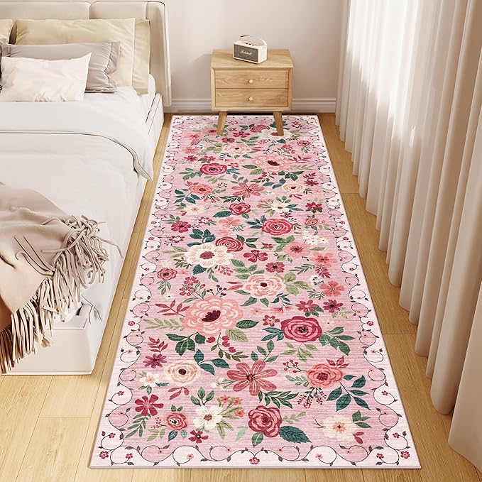 DUKINO 2.6x8 Kitchen Runner Rug for Hallway, Washable Runner Rug with Non Slip Backing, Low Pile Soft Boho Floral Carpet for Hallway, Kitchen, Entryway, Laundry, Bedroom, Pink