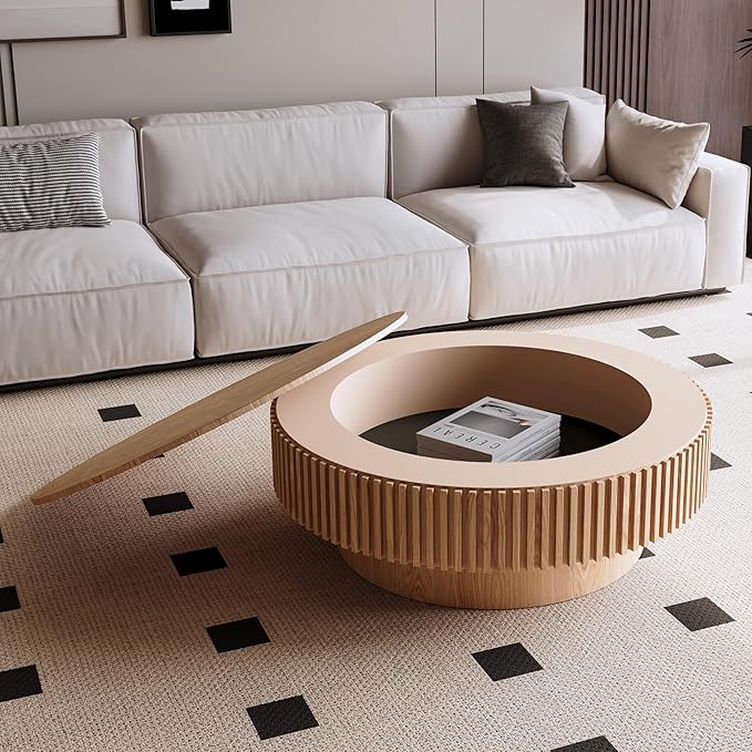 Round Coffee Table for Living Room, Accent Fluted Drum Coffee Table with Storage, Modern Solid Wood Veneered Circle Center Tea Table for Small Space Apartment (39.4''D×14''H-Natural)