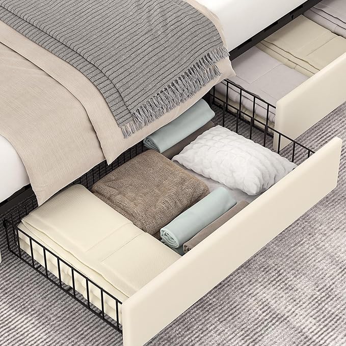 VECELO Queen Size Upholstered Platform Bed Frame with 4 Storage Drawers, Adjustable Velvet Rivet Decor Headboard, Wooden Slats Support, No Box Spring Needed, Easy Assembly