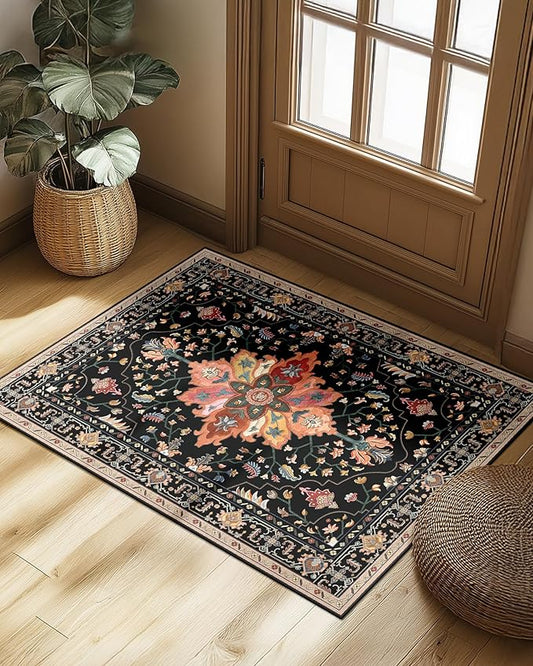 Area Rugs 2'x3' Washable Non-Slip, Floral Vintage Distress Print Pattern Medallion Carpet for Living Room Bedroom Dining Room, Black Colorful Floral Dark Tan