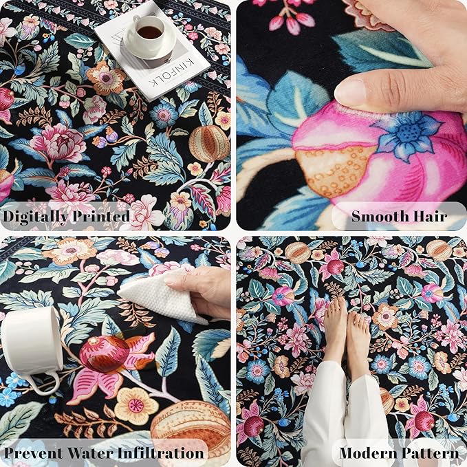 Area Rug 4x6 Rug Washable Vintage Floral Rugs Non Slip Low Pile Small Carpet for Bedroom, Bedside, Kids Room, Office, Dining Room, Black