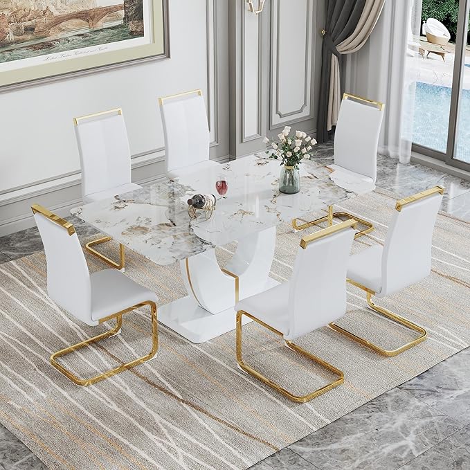 Dining Set for 6 - 71'' Faux Marble Table With PU Leather Upholstered Chairs for Kitchen and Dining Room (White-Golden)