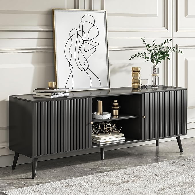 Mid Century Modern TV Stand for Televisions up to 70 Inches, with Sliding Doors and Storage, Television Stands, TV Consoles, Media Consoles for Living Room, 63 Inch (Black)