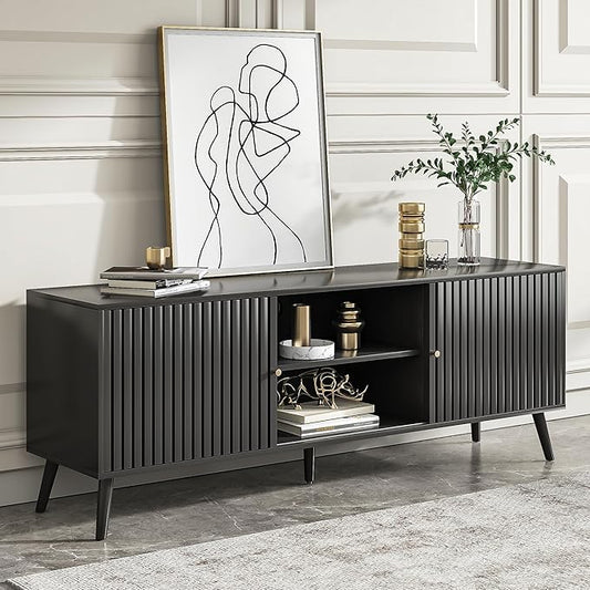 Mid Century Modern TV Stand for Televisions up to 70 Inches, with Sliding Doors and Storage, Television Stands, TV Consoles, Media Consoles for Living Room, 63 Inch (Black)