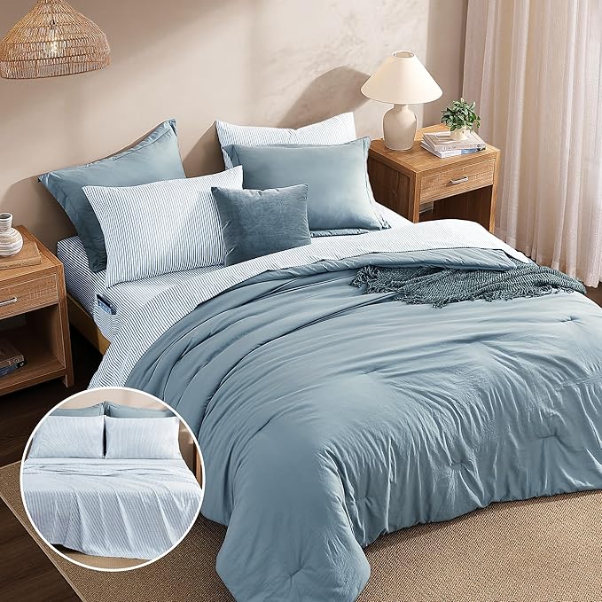 Monbix Queen Comforter Set - 7 Pieces Dusty Blue Prewashed Bed in a Bag Queen Bedding Sets with Comforters, All Seasons Down Alternative Comforter Bed Set with Sheets,Pillowcases & Shams