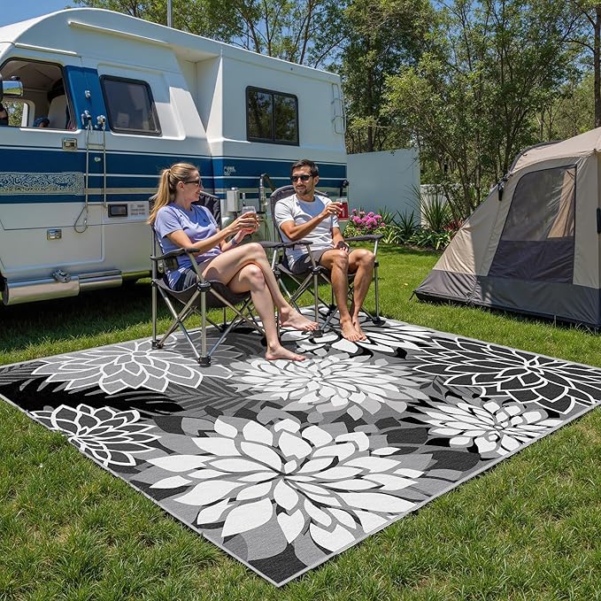 Indoor Outdoor Area Rug Washable Multicolored Rug Tropical Botanical Modern Floral Indoor Outdoor Carpet Black White Rug Non Slip Non Shedding for Patio, Deck, Backyard, Porch (8x10)