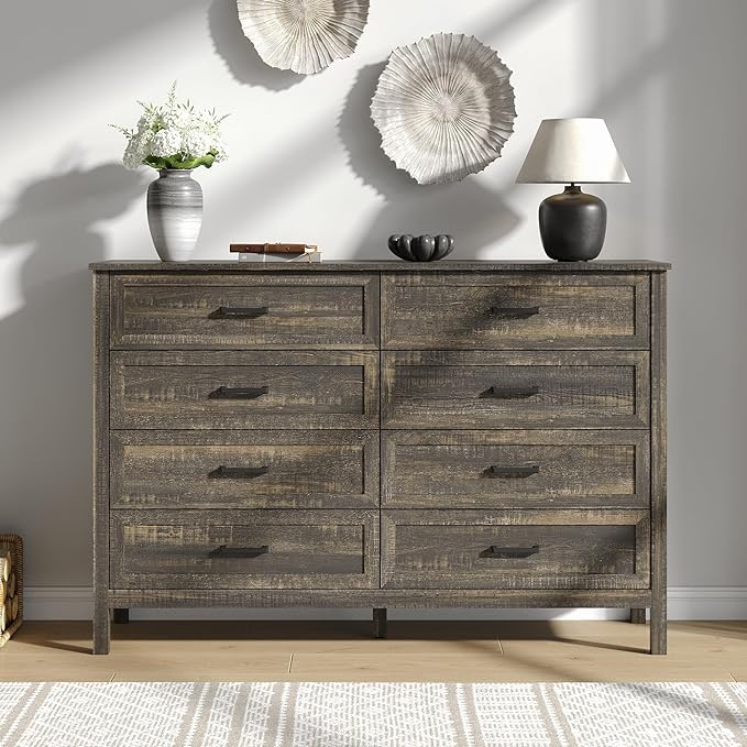 Farmhouse 8 Drawers Dresser for Bedroom, Wood Rustic Wide Chest with Natural Texture, Large Dressers for Bedroom, Hallway, Entryway, Dark Brown