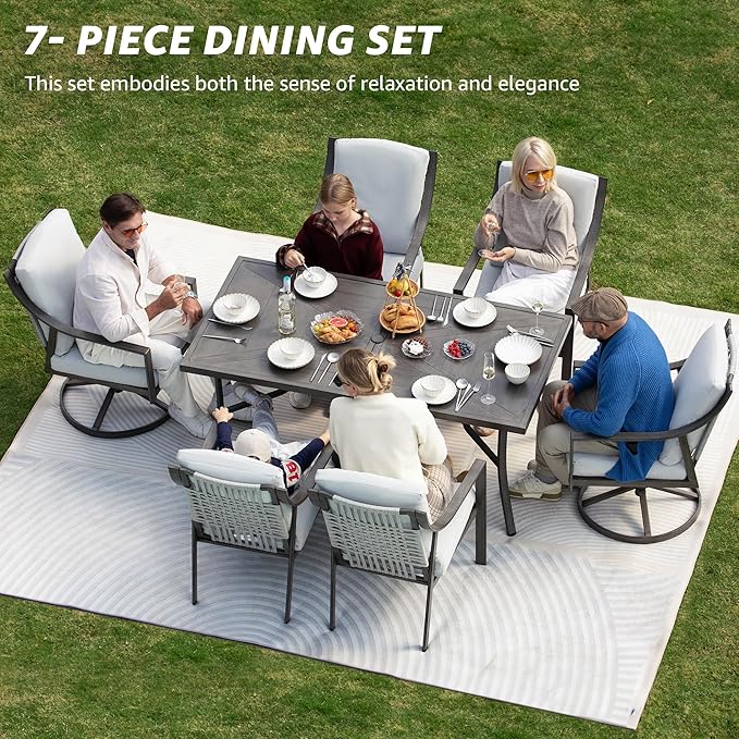 NATURAL EXPRESSIONS 7 Piece Patio Dining Table Outdoor Furniture Set for 6, 4Pcs Fixed and 2Pcs Swivel Patio Dining Chairs with Olefin Cushions, 65”Large Dining Table with Umbrella Hole