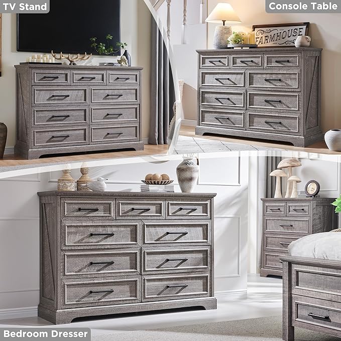 Farmhouse 9 Drawer Dresser for Bedroom, 36 Inch Tall Modern Dresser TV Stand with Large Drawers & Bar Handles, Rustic Wood Chest of Drawers for Bedroom, Living Room, Hallway, Grey