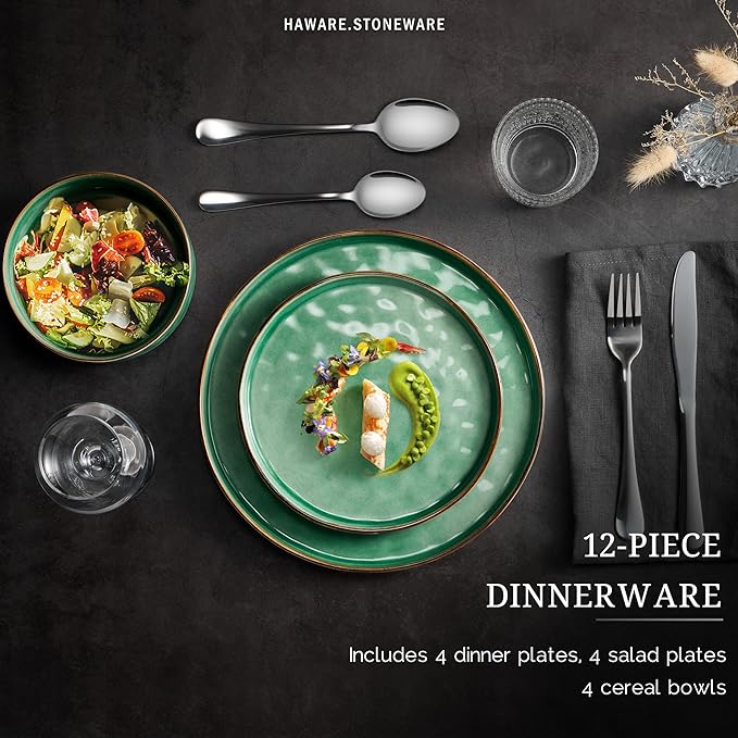 HaWare Dinnerware Sets, 12-Piece Plates and Bowls Set, Stoneware Dish Set for 4, Ceramic Dinnerware for Home Restaurant, Chip and Scratch Resistant, Microwave and Dishwasher Safe, Reactive Green