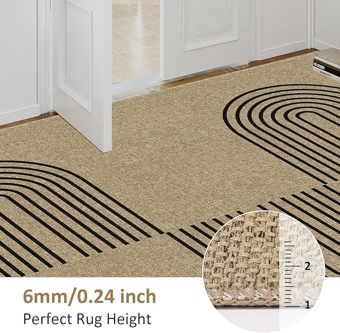 Easy Jute Rug 2x3, Small Area Rug for Entryway, 2x3 Washable Entryway Rug Indoor Outdoor Front Door Mat, Farmhouse Rainbow Non Slip Black Carpet for Kitchen Bathroom, Light Brown/Black